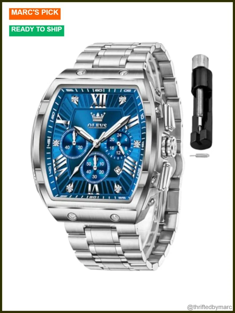 Analog Quartz Chronograph Square Dress Watch Stainless Steel or Leather Band